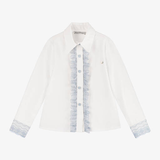 Piccola Speranza-Girls Ivory Blouse with Blue Lace | Childrensalon Outlet