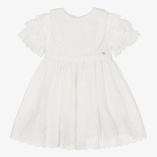 Piccola Speranza-Girls Ivory Broderie & Lace Ruffle Dress | Childrensalon Outlet