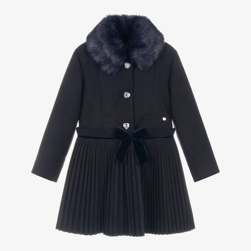 Piccola Speranza-Girls Navy Blue Pleated Coat | Childrensalon Outlet