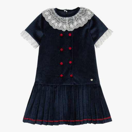 Piccola Speranza-Girls Navy Blue Velvet Pleated Dress | Childrensalon Outlet