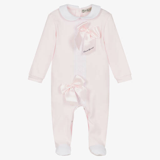 Piccola Speranza-Girls Pink Cotton Jersey Bow Babygrow  | Childrensalon Outlet
