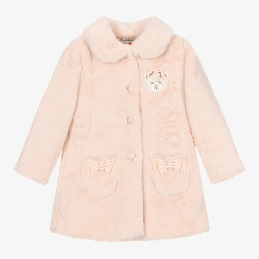 Piccola Speranza-Girls Pink Faux Fur Bow Coat  | Childrensalon Outlet
