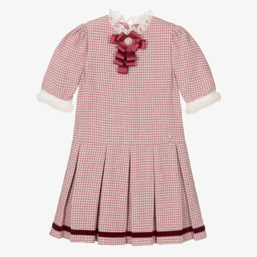 Piccola Speranza-Girls Pink Wool Houndstooth Dress | Childrensalon Outlet