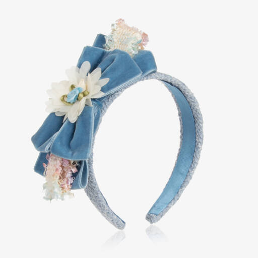 Piccola Speranza-طوق شعر بفيونكة قطيفة وتويل بوكليه لون أزرق | Childrensalon Outlet