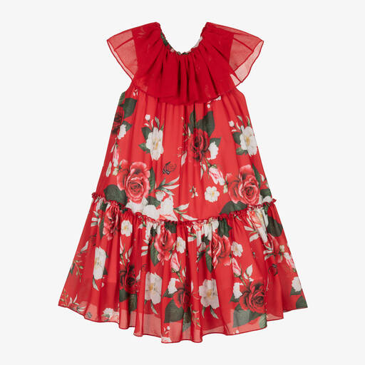 Piccola Speranza-فستان كريب لون أحمر بطبعة ورود | Childrensalon Outlet