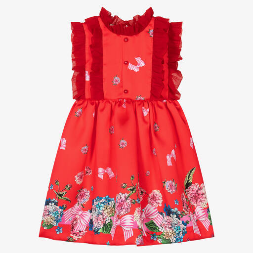 Piccola Speranza-فستان ساتان تويل لون أحمر بطبعة ورود | Childrensalon Outlet