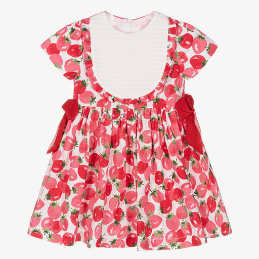Piccola Speranza-Girls Red Strawberry Print Cotton Dress | Childrensalon Outlet