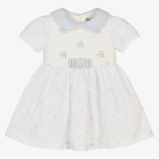 Piccola Speranza-Girls White & Blue Embroidered Cotton Dress | Childrensalon Outlet