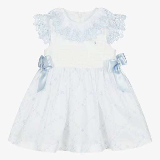 Piccola Speranza-Girls White & Blue Embroidered Dress | Childrensalon Outlet