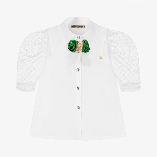 Piccola Speranza-Girls White Cotton Blouse & Satin Brooch | Childrensalon Outlet