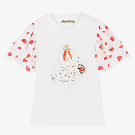 Piccola Speranza-Girls White Cotton Frilled T-Shirt | Childrensalon Outlet