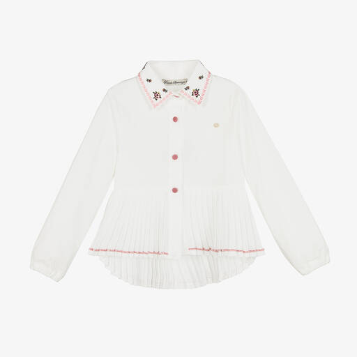 Piccola Speranza-Girls White Cotton Poplin Pleated Shirt  | Childrensalon Outlet
