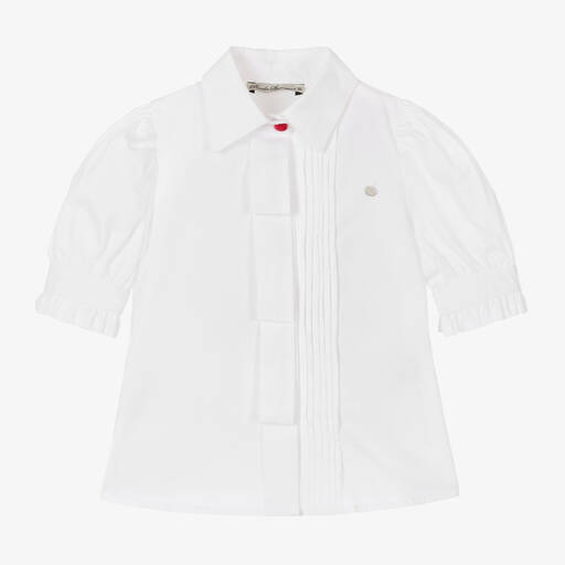 Piccola Speranza-Girls White Cotton Puffed Sleeve Blouse | Childrensalon Outlet