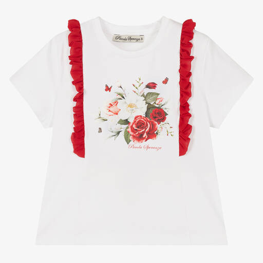 Piccola Speranza-Girls White Cotton Rose T-Shirt | Childrensalon Outlet