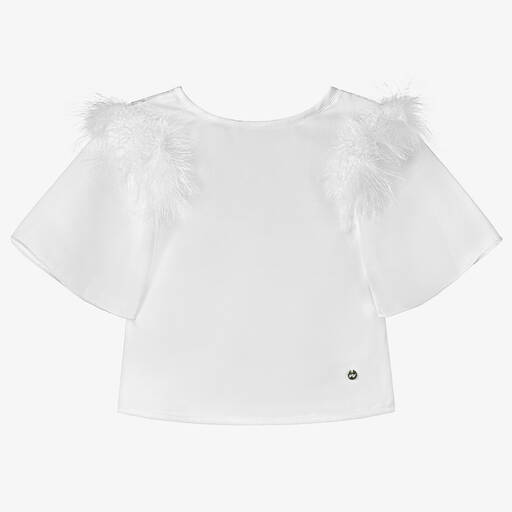 Piccola Speranza-Girls White Crêpe & Feathers Blouse | Childrensalon Outlet