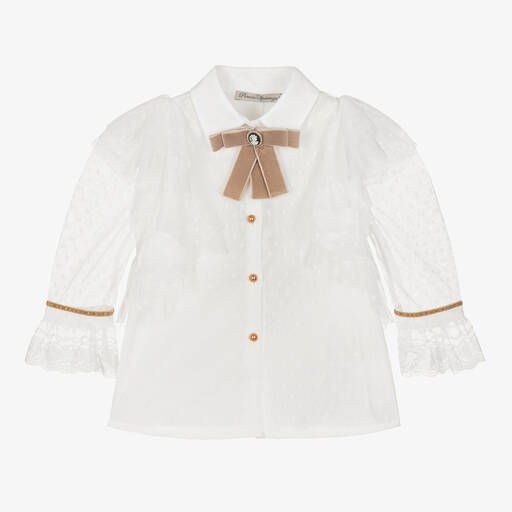 Piccola Speranza-Белая блузка с отделкой из тюля в горошек | Childrensalon Outlet