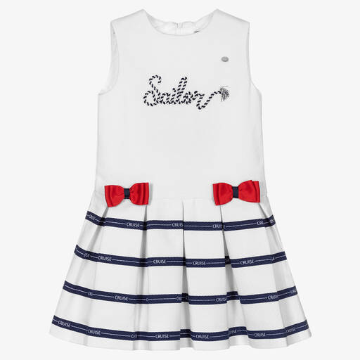 Piccola Speranza-فستان مزيج قطن لون أبيض وكحلي | Childrensalon Outlet