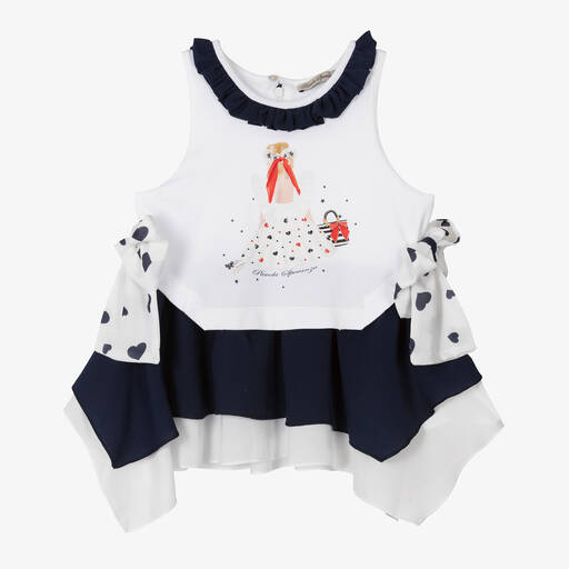 Piccola Speranza-Girls White & Navy Blue Cotton Bow Top | Childrensalon Outlet