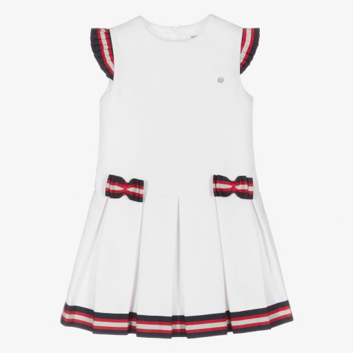 Piccola Speranza-Girls White Pleated Bow Dress | Childrensalon Outlet