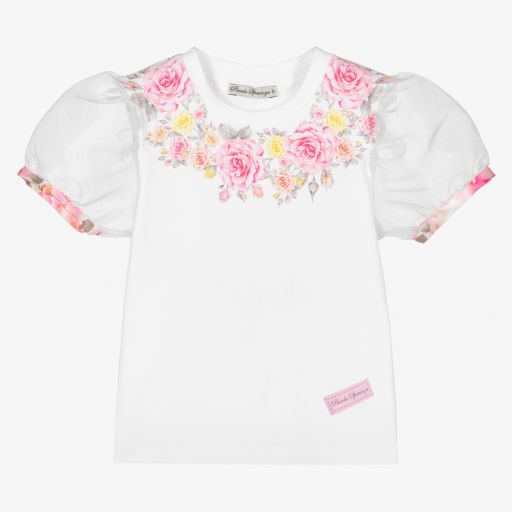 Piccola Speranza-Girls White Roses T-Shirt | Childrensalon Outlet