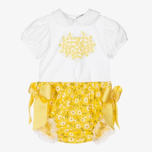 Piccola Speranza-طقم شورت أطفال بناتي قطن عضوي لون أصفر وأبيض | Childrensalon Outlet