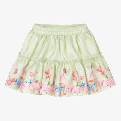 Piccola Speranza-Green Floral Ruffle Satin Skirt | Childrensalon Outlet