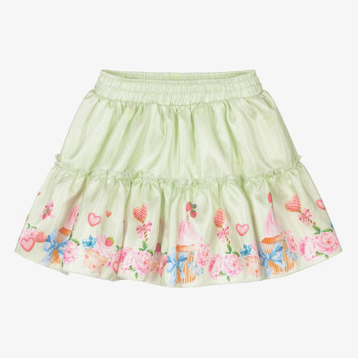 Piccola Speranza-Grüner Satin-Rüschenrock mit Blumen | Childrensalon Outlet