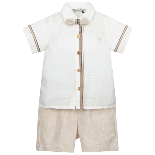 Piccola Speranza-Ivory & Beige Linen Shorts Set | Childrensalon Outlet