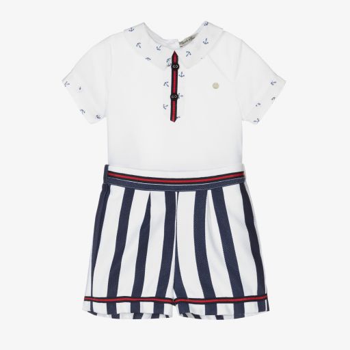 Piccola Speranza-White & Blue Cotton Shorts Set | Childrensalon Outlet