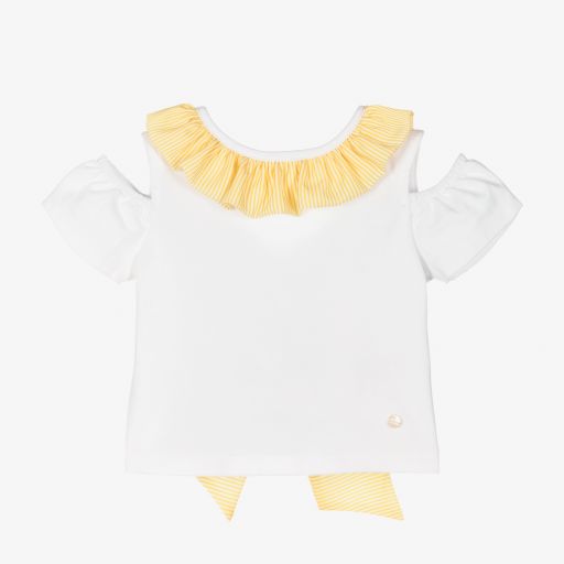 Piccola Speranza-White Cotton Yellow Ruffle Top | Childrensalon Outlet