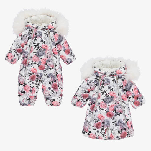 Pilguni-Baby Girls White & Pink Floral Snowsuit | Childrensalon Outlet
