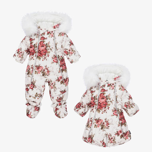 Pilguni-Ivory Floral Baby Snowsuit | Childrensalon Outlet