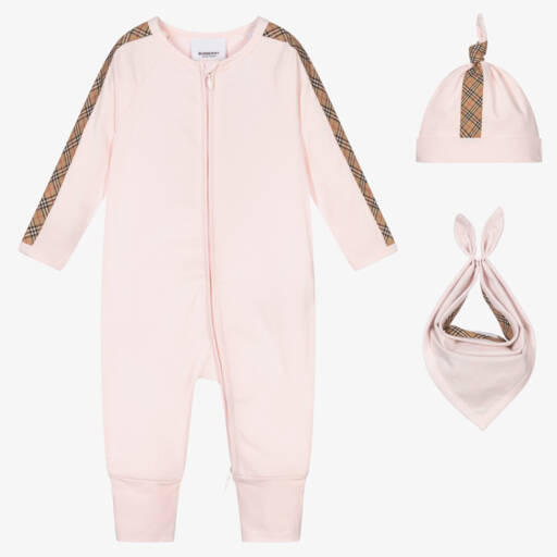 Burberry-Pink 3 Piece Romper Gift Set | Childrensalon Outlet