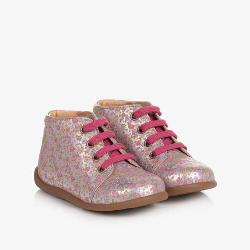 Pom d'Api-Rosa geblümte Baby-Lauflernstiefel | Childrensalon Outlet