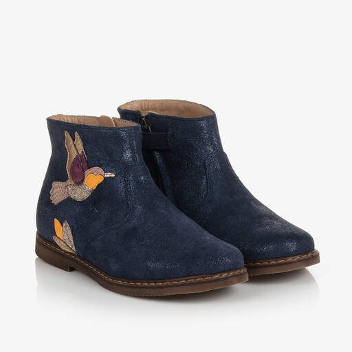 Pom d'Api-Синие блестящие кожаные ботинки с птицами | Childrensalon Outlet