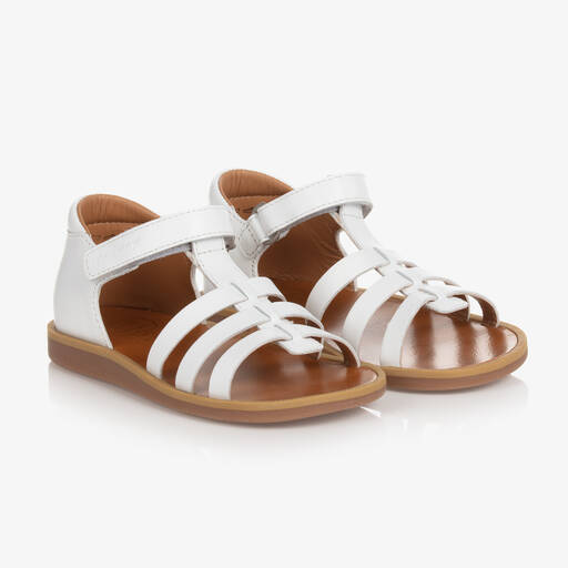 Pom d'Api-Girls White Leather Velcro Sandals | Childrensalon Outlet