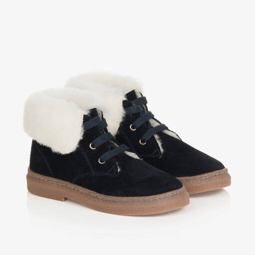 Pom d'Api-Navy Blue Suede Leather & Shearling Boots | Childrensalon Outlet