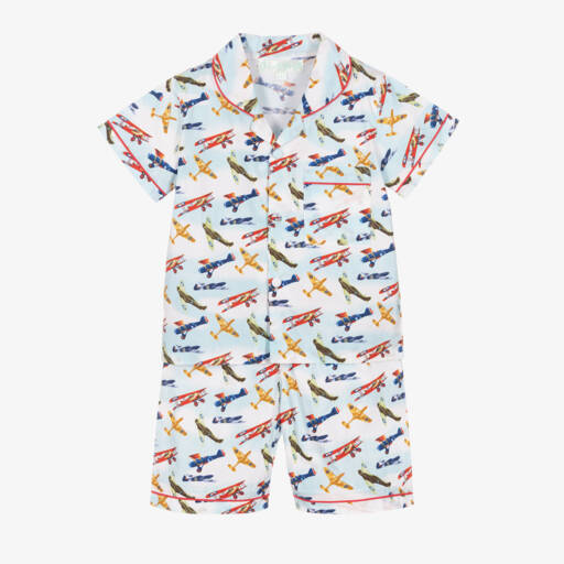 Powell Craft-Boys Blue Aeroplane Print Pyjamas | Childrensalon Outlet