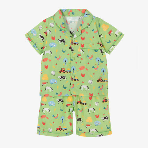 Powell Craft-Короткая зеленая пижама с принтом Farmyard | Childrensalon Outlet