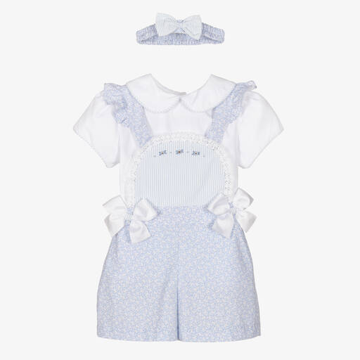Pretty Originals-Baby Girls Blue Dungaree Shorts Set | Childrensalon Outlet