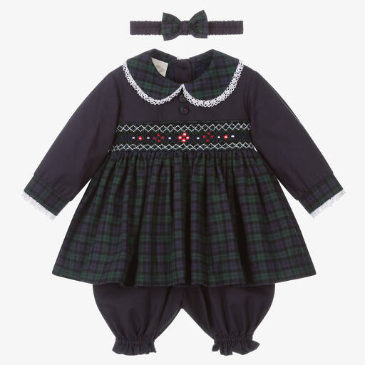 Pretty Originals-Baby Girls Blue Tartan Smocked Dress Set | Childrensalon Outlet