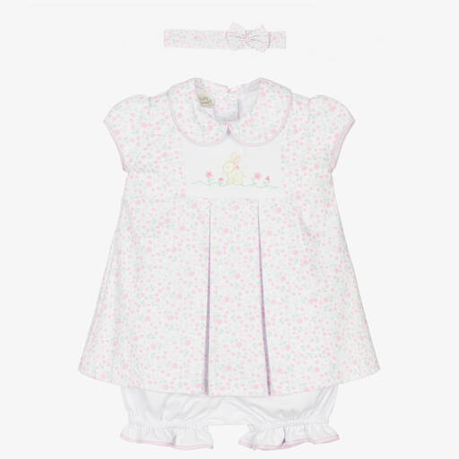 Pretty Originals-Baby Girls White & Pink Cotton Dress Set | Childrensalon Outlet