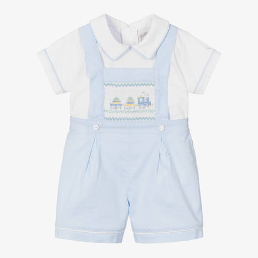 Pretty Originals-Boys Blue Cotton Dungaree Shorts Set | Childrensalon Outlet