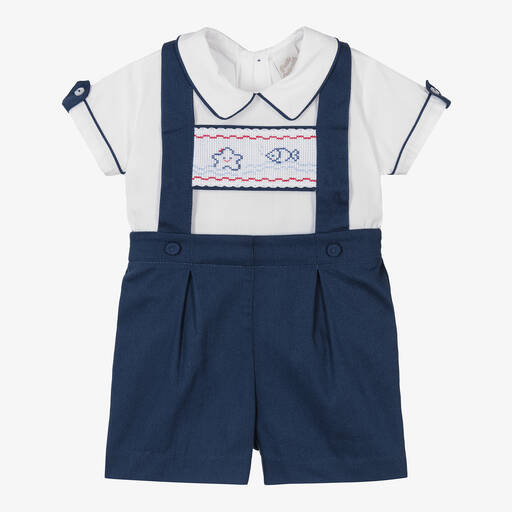 Pretty Originals-Boys Blue Cotton Dungaree Shorts Set | Childrensalon Outlet