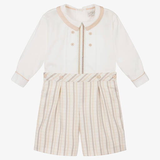 Pretty Originals-Boys Ivory & Beige Stripe Buster Suit | Childrensalon Outlet