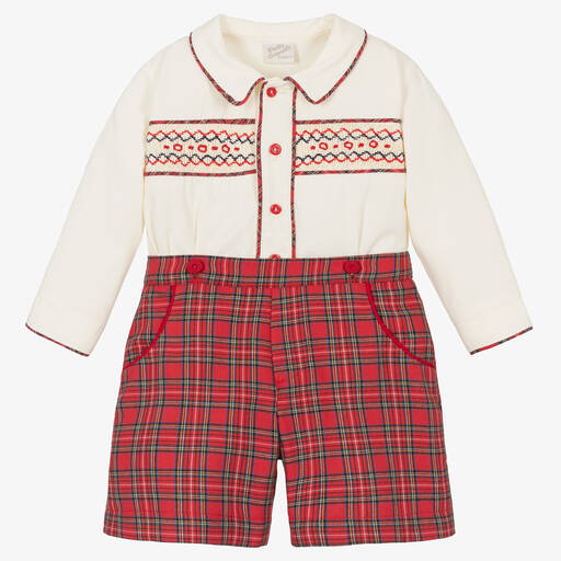 Pretty Originals-Boys Ivory & Red Tartan Buster Suit | Childrensalon Outlet