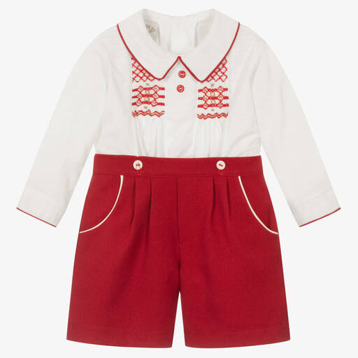 Pretty Originals-Boys Red & Ivory Smocked Buster Suit | Childrensalon Outlet