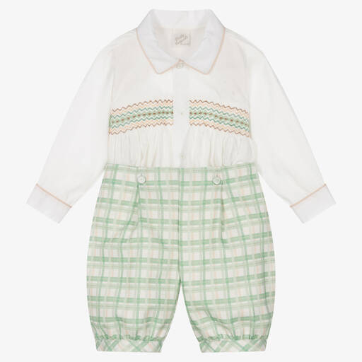 Pretty Originals-Boys Smocked Green Check Cotton Buster Suit | Childrensalon Outlet