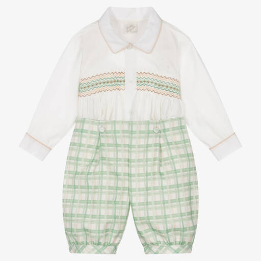 Pretty Originals-Boys Smocked Green Check Cotton Buster Suit | Childrensalon Outlet