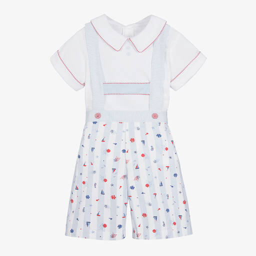Pretty Originals-Boys White & Blue Cotton Shorts Set | Childrensalon Outlet